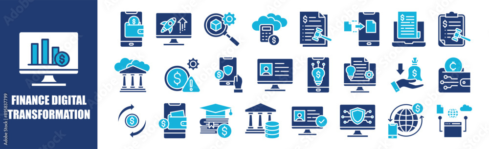 Finance Digital Transformasi icon collection set. Containing design, finance, technology, business, concept, digital, and more. Solid vector icons collection. Finance Digital Transformasi icon collection set. Containing design, finance, technology, business, concept, digital, and more. Solid vector icons collection.