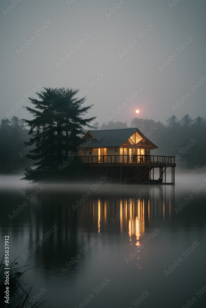 Fototapeta premium A Lake House In Fog
