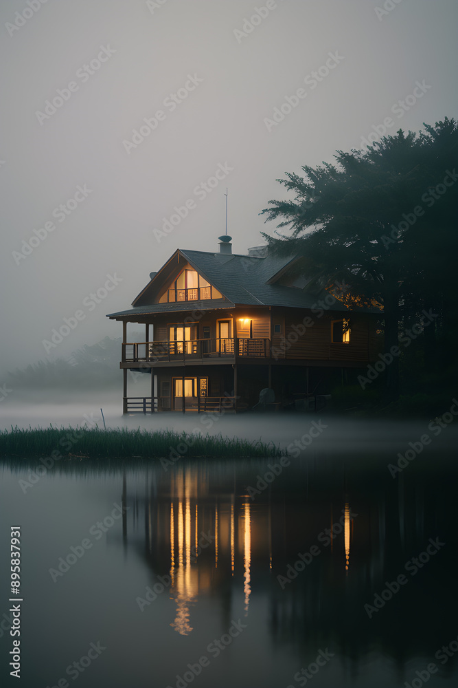 Obraz premium A Lake House In Fog