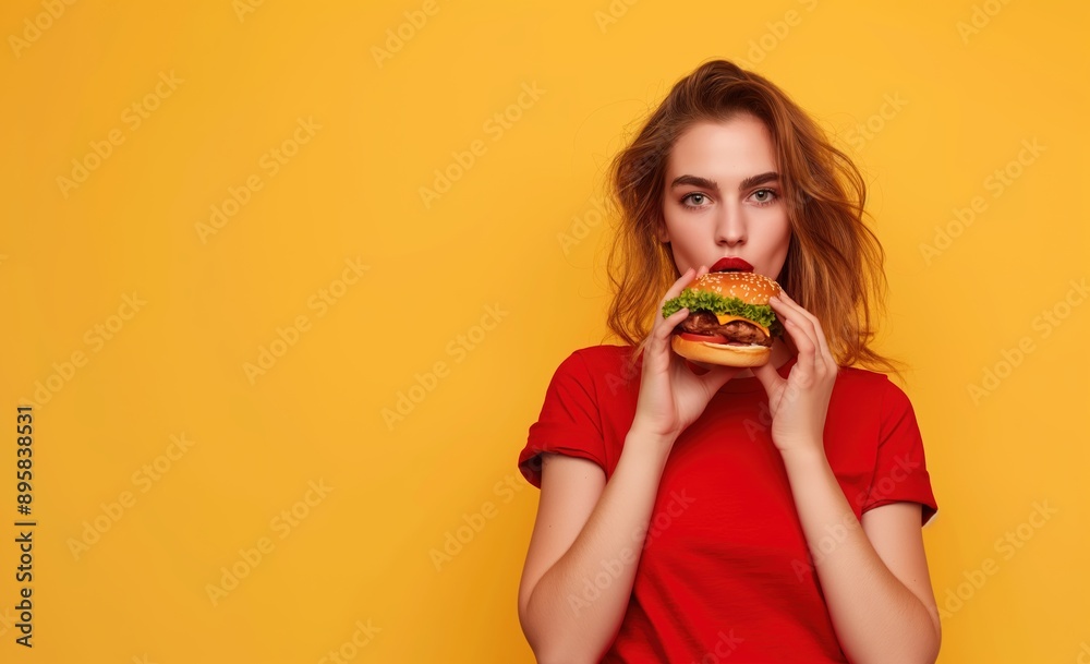 Beautiful young woman holding a tasty burger on yellow background Beautiful young woman holding a tasty burger on yellow background
