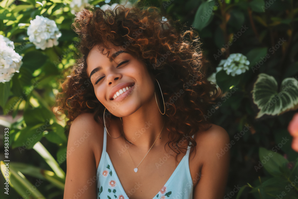 A vibrant close-up portrait of a confident Latino woman, radiating joy under the warm sunshine. A vibrant close-up portrait of a confident Latino woman, radiating joy under the warm sunshine.