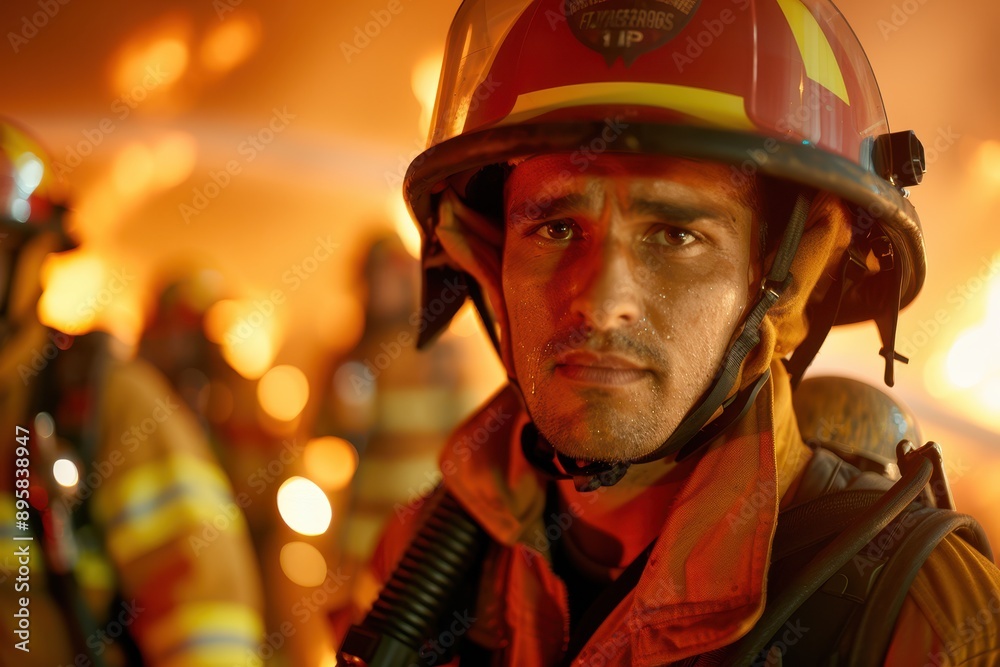 Brave Firefighter at Work: Dramatic Portrait in Fire Scene with Hose - Medium Shot Brave Firefighter at Work: Dramatic Portrait in Fire Scene with Hose - Medium Shot