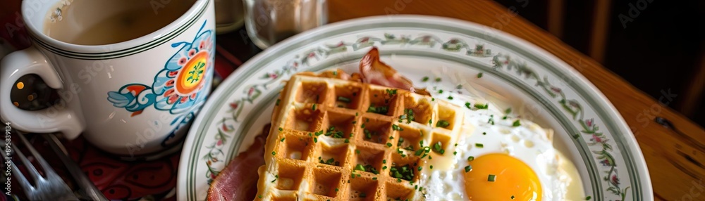 Close-up of a delicious breakfast plate with a waffle, fried egg, and ham, accompanied by a hot coffee mug on a cozy wooden table. Close-up of a delicious breakfast plate with a waffle, fried egg, and ham, accompanied by a hot coffee mug on a cozy wooden table.