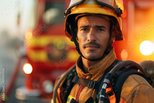 Brave Firefighter in Dramatic Light with Firetruck Background - Waist-Up Portrait