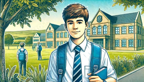 Detailed illustration of a teen boy in a school uniform holding a book and standing outside a school building. Perfect for back-to-school themes, highlighting education and school life photo