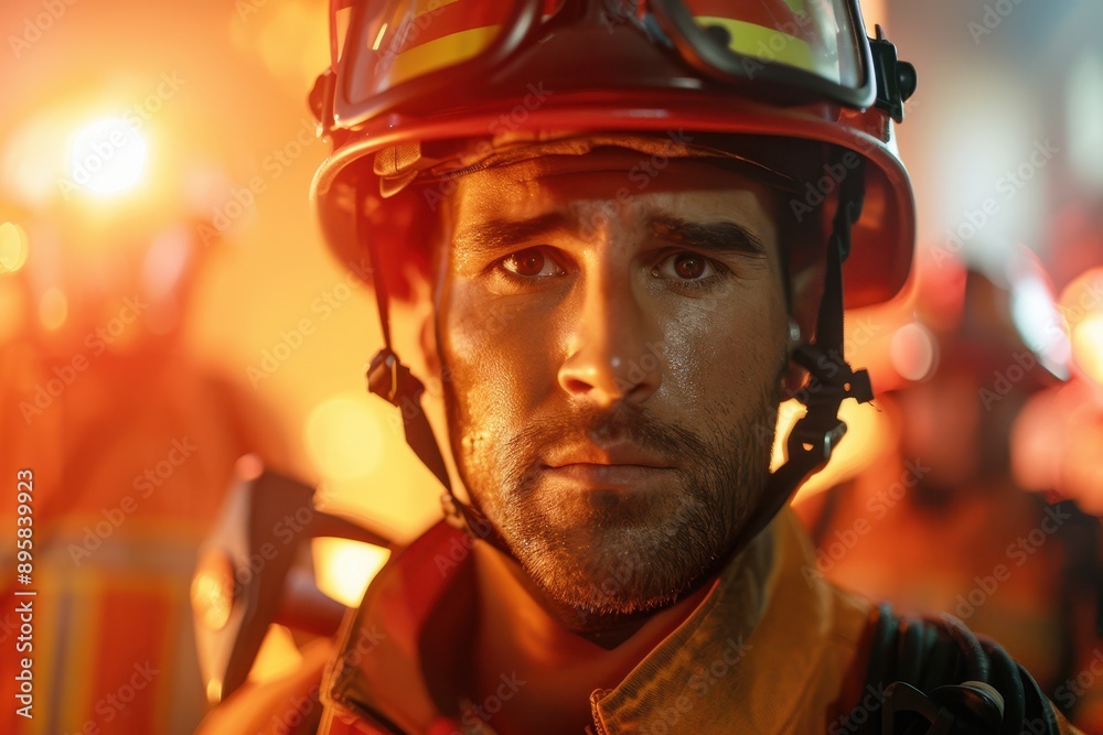 Courageous Firefighter in Dramatic Light with Axe at Fire Scene - Medium Shot Courageous Firefighter in Dramatic Light with Axe at Fire Scene - Medium Shot
