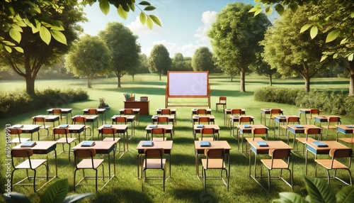 Explore an outdoor classroom setting perfect for back to school promotions. Featuring desks, a whiteboard, and lush green surroundings, ideal for educational themes and activities photo