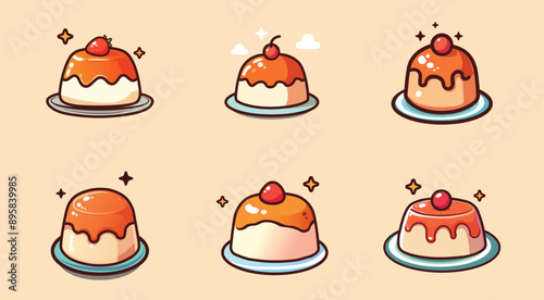 colorful creamy  vanilla pudding cake dessert illustration set panna cotta