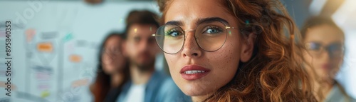 Young woman with glasses looks thoughtfully at something out of frame. photo