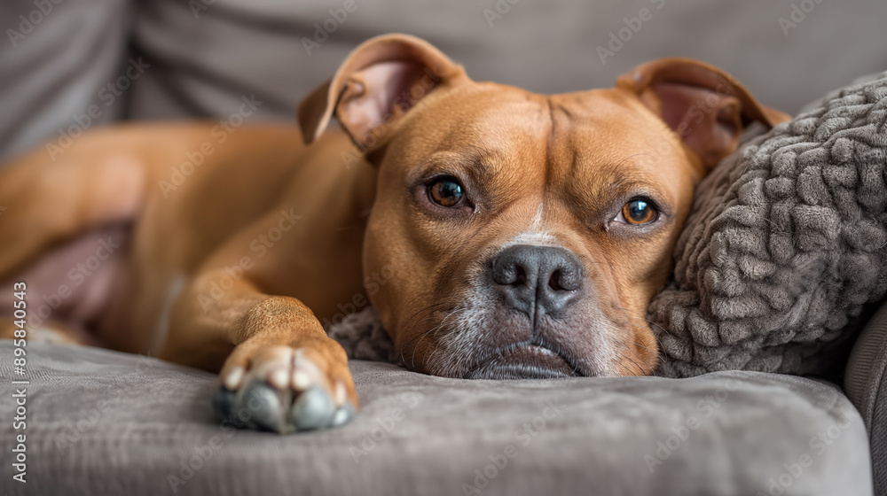 Brown dog lying on a cozy gray couch, looking relaxed and content, creating a homely and comforting atmosphere. Brown dog lying on a cozy gray couch, looking relaxed and content, creating a homely and comforting atmosphere.