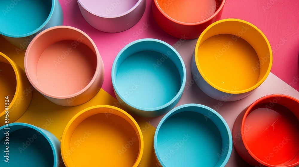 Colorful Circular Containers in Vibrant Arrangement Colorful Circular Containers in Vibrant Arrangement