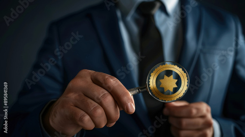 Magnifying glass highlighting a quality assurance seal, businessman analyzing standardization