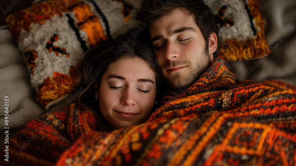 Fototapeta premium Couple snuggled together under a warm, patterned blanket, sleeping peacefully, conveying a sense of comfort, love, and intimacy in a cozy, homey setting.