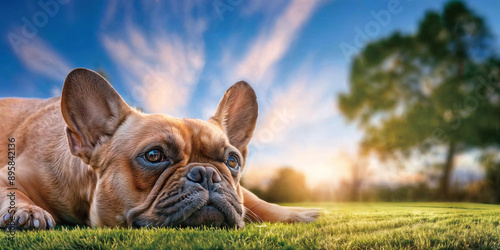 French bulldog lying on the grass with green woods and blue sky in the background.