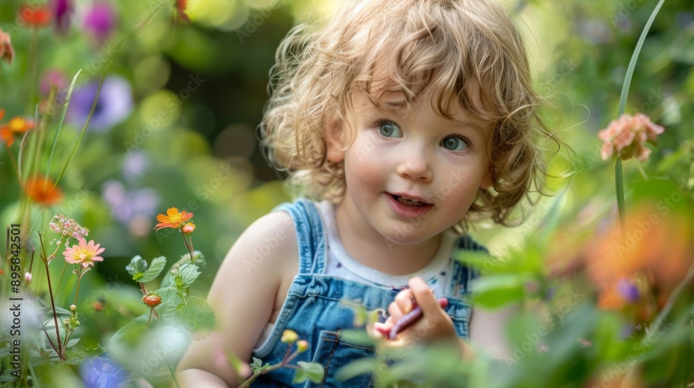 Curly-haired child in denim dress enjoying a colorful flower garden on a sunny day, capturing the innocence and joy of childhood. Curly-haired child in denim dress enjoying a colorful flower garden on a sunny day, capturing the innocence and joy of childhood.