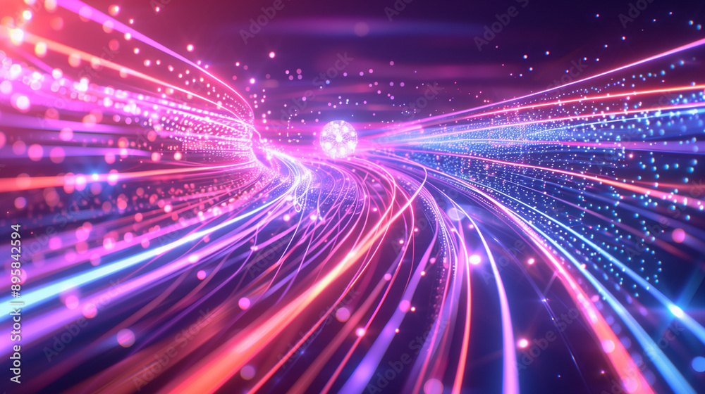 a cybernetic data stream concept with flowing neon lines and digital particles converging into a central orb, perfect for themes of digital technology, data processing, and cyberne
