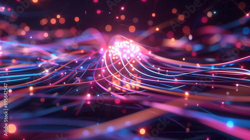 an innovative AI network visual with multicolored lines and digital nodes connected to a central glowing sphere, highlighting themes of artificial intelligence, innovation, and tec