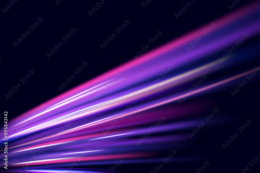 Fototapeta premium Abstract neon light rays background. A Colorful Motion Background of City Light Trails. Purple glowing wave swirl, impulse cable lines. Long time exposure. VectorГрафика и иллюстрации