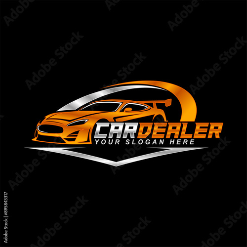 auto car dealership logo emblem silhouette template sport car showroom vector illustration on black background