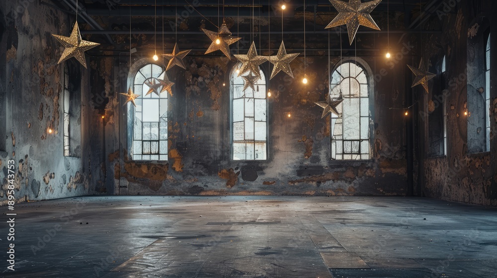 Rustic Dark Gray Room with Distressed Walls and Gold Stars, backdrop background Rustic Dark Gray Room with Distressed Walls and Gold Stars, backdrop background