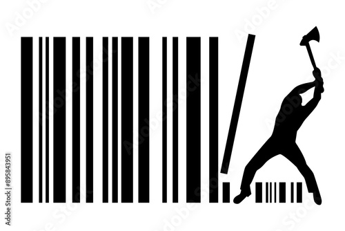 silhouette illustration of a person cutting down barcode stems using an axe. black sign cartoon.