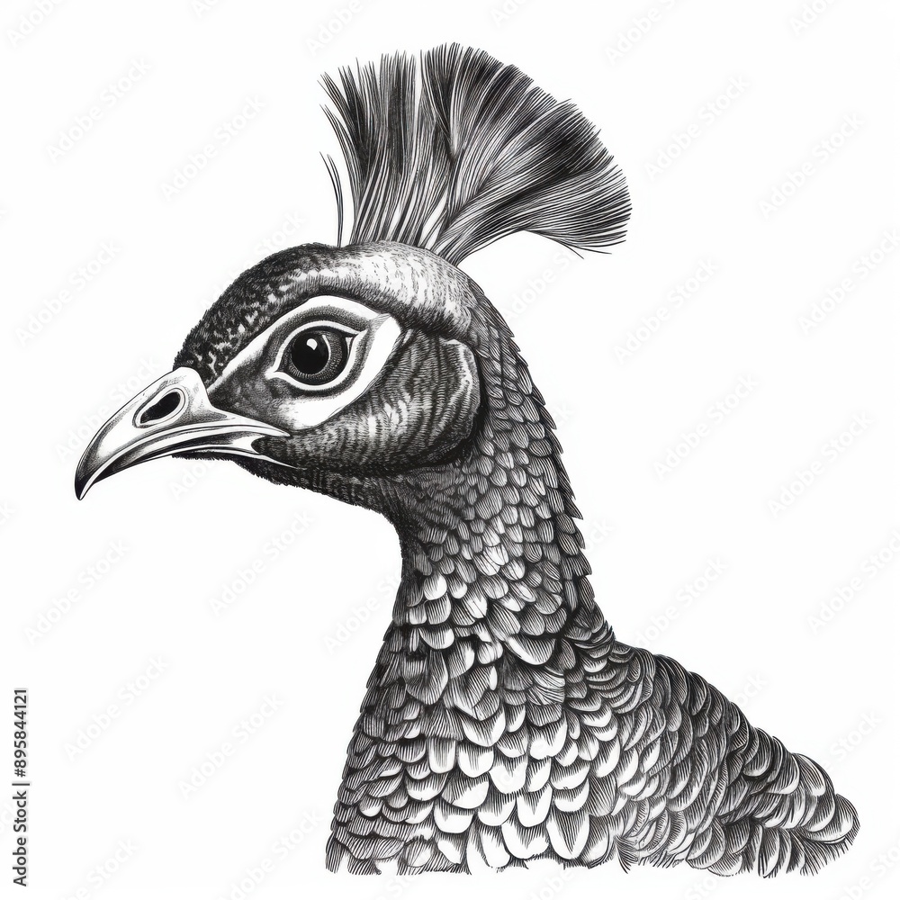Fototapeta premium Black and white Vintage engraved art of a portrait of a peacock isolated on white background, ink sketch illustration, simple vector art design, highly detailed line art, high contrasty