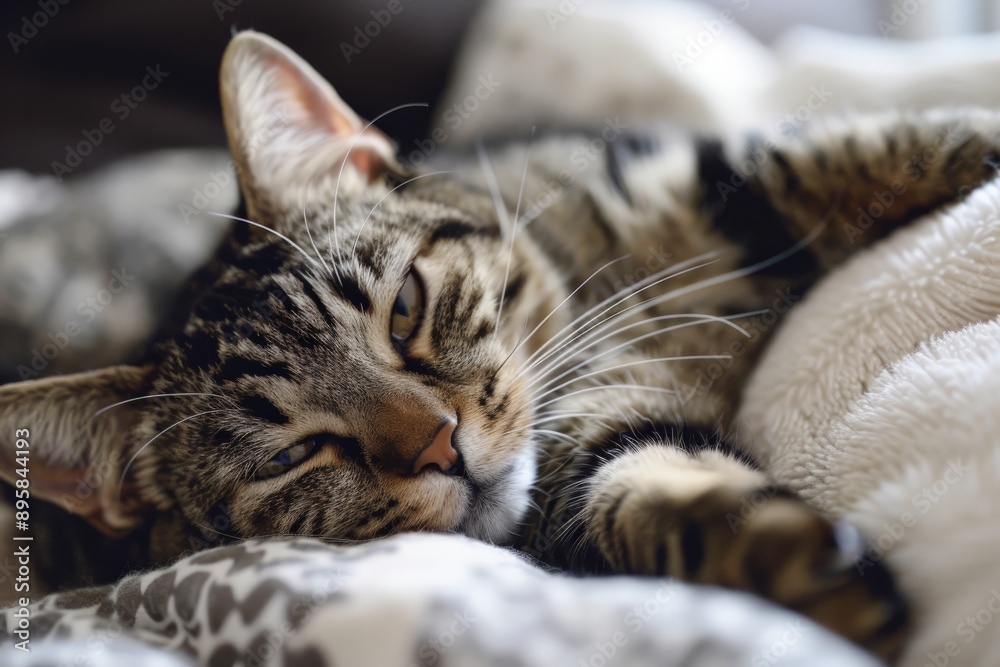 A tabby cat is seen lying comfortably on a cozy patterned blanket, appearing to be in a state of relaxation and napping peacefully, capturing a serene moment at home. A tabby cat is seen lying comfortably on a cozy patterned blanket, appearing to be in a state of relaxation and napping peacefully, capturing a serene moment at home.