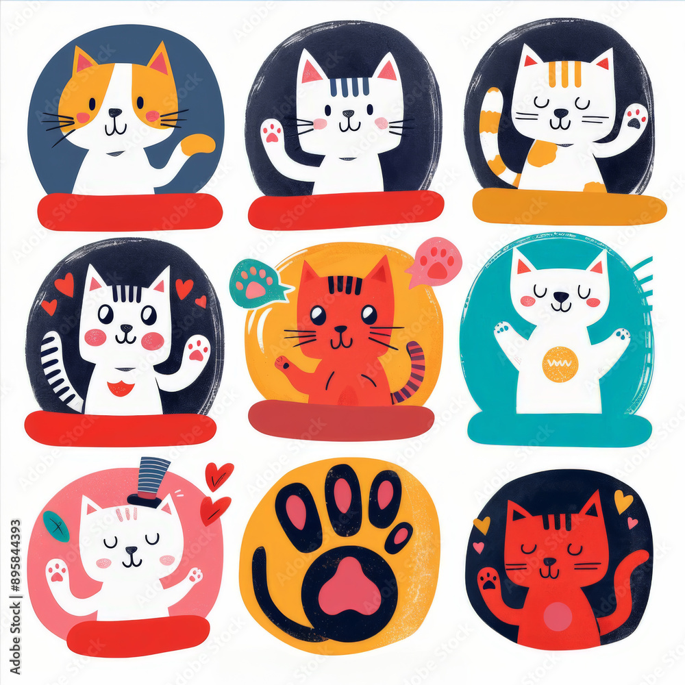Cute Cartoon Cats with Colorful Paws and Backgrounds Cute Cartoon Cats with Colorful Paws and Backgrounds