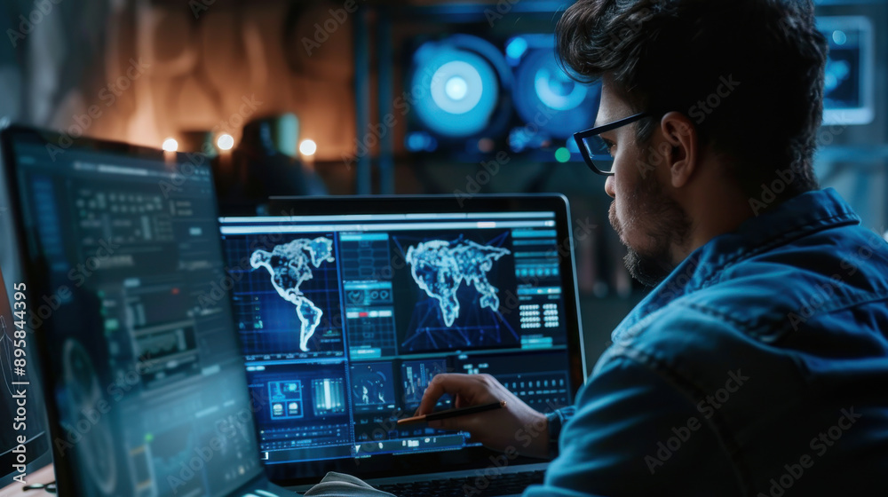Man creating images with AI software, detailed user interface and generated visuals on the screen Man creating images with AI software, detailed user interface and generated visuals on the screen