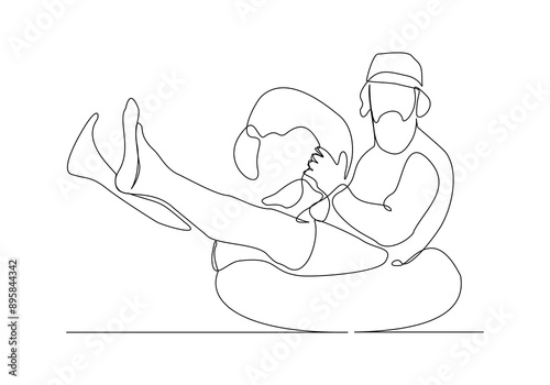 Continuous single line sketch drawing beach vacation summer travel man relaxing with swimming pool inflatable flamingo float toy vector illustration