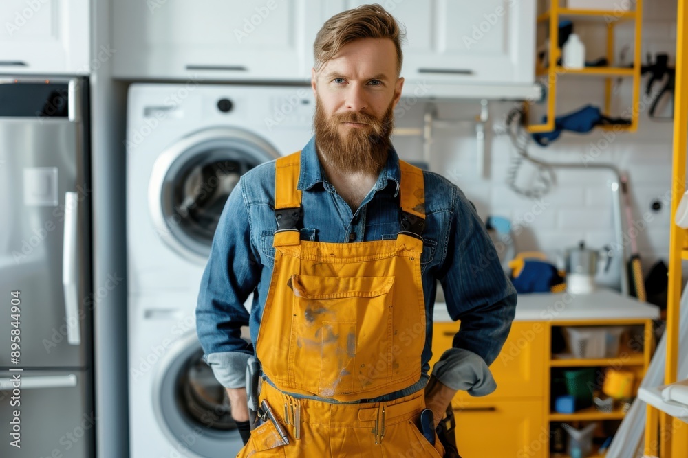A determined repairman working on an electrical panel, wearing yellow protective gear and a denim shirt in a neat modern home environment, ensuring safety and precision. A determined repairman working on an electrical panel, wearing yellow protective gear and a denim shirt in a neat modern home environment, ensuring safety and precision.
