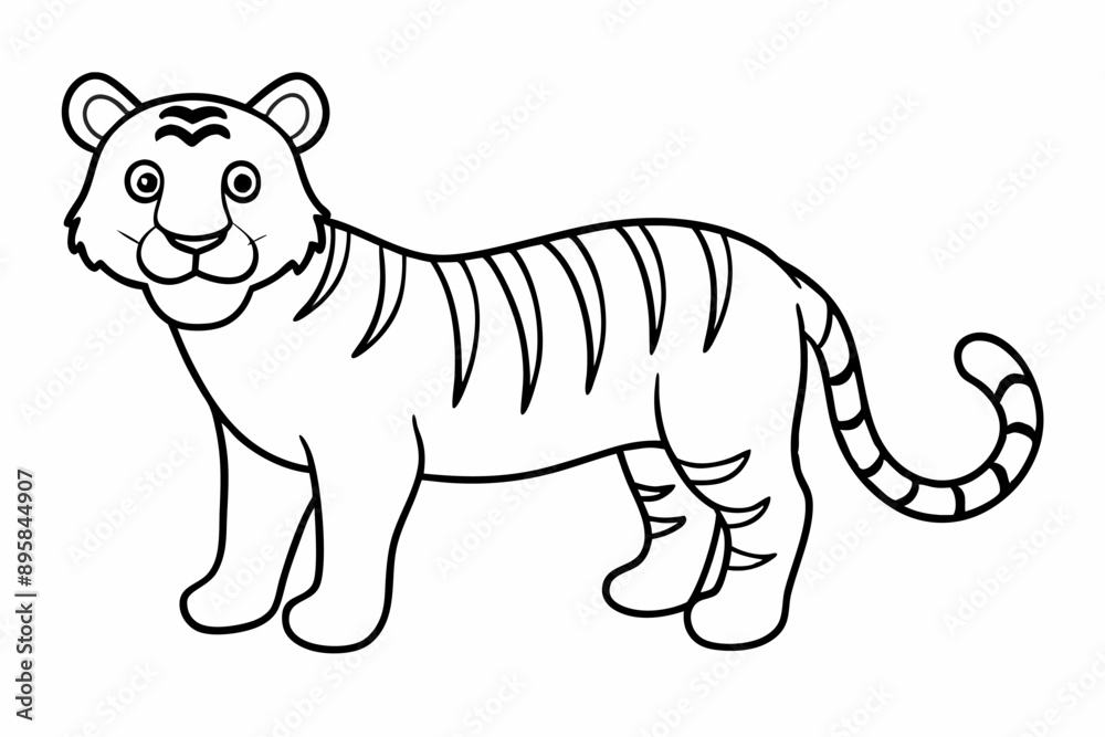 Fototapeta premium Funny Tiger on White Background Vector Illustration, Cartoons, Clipart, and Line Art Design, Funny tiger illustration in vector, cartoons, clipart, and line art on a white background.