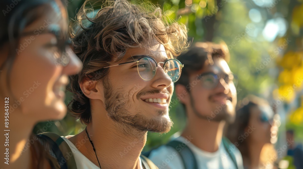 Group of friends looking up at something, smiling and laughing together, enjoying a day outdoors. Group of friends looking up at something, smiling and laughing together, enjoying a day outdoors.