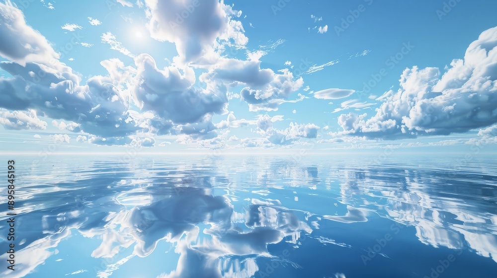 The image shows a calm ocean surface that beautifully reflects a vivid blue sky filled with fluffy white clouds, creating a serene and peaceful atmosphere. The image shows a calm ocean surface that beautifully reflects a vivid blue sky filled with fluffy white clouds, creating a serene and peaceful atmosphere.
