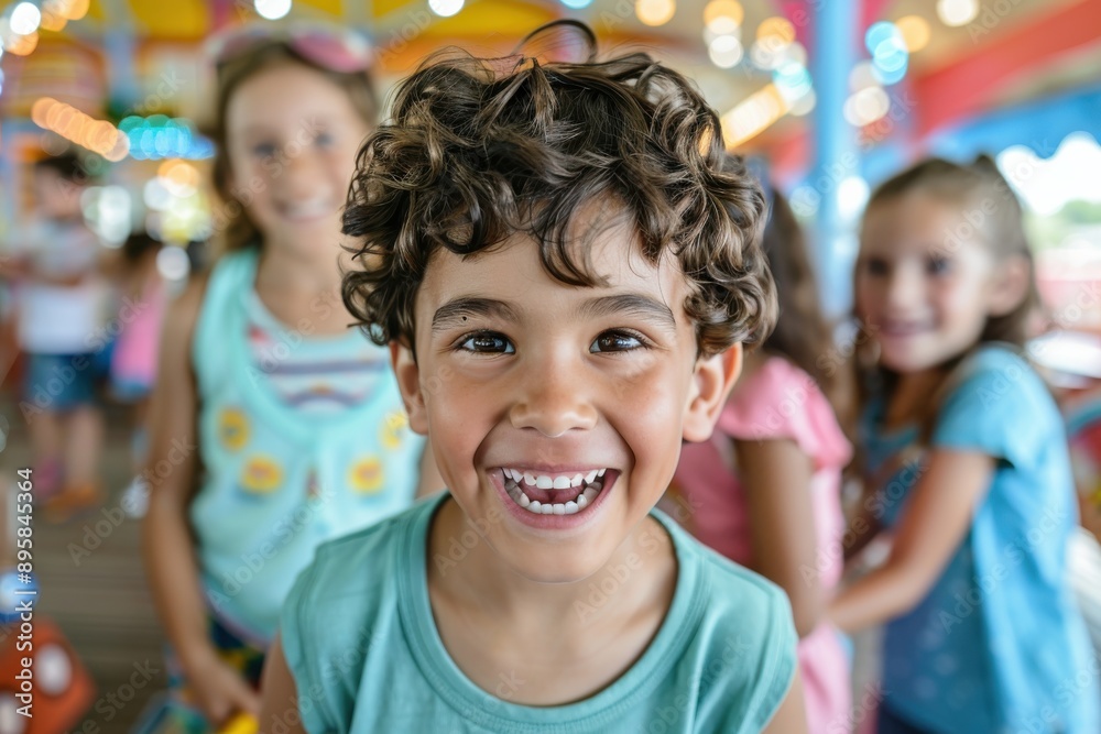 A happy child with curly hair enjoys a day at the amusement park, surrounded by a colorful and vibrant backdrop, showcasing pure joy and excitement. A happy child with curly hair enjoys a day at the amusement park, surrounded by a colorful and vibrant backdrop, showcasing pure joy and excitement.