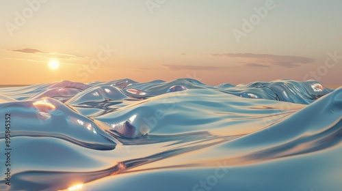 An abstract, almost liquid-looking terrain under a setting sun, resembling ocean waves but crafted from reflective metallic-like material, creating a unique perspective.