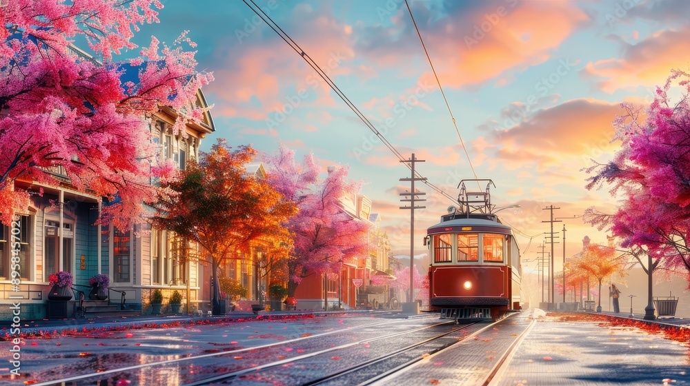 A vibrant street scene with a retro tram, pink cherry blossoms, and a colorful sunset, creating a picturesque autumn atmosphere. A vibrant street scene with a retro tram, pink cherry blossoms, and a colorful sunset, creating a picturesque autumn atmosphere.