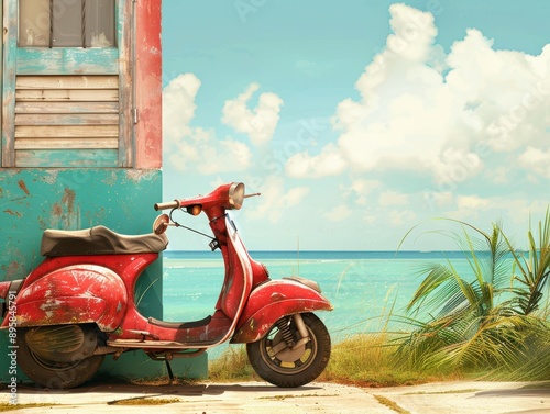 A vintage red scooter parked near a beach with turquoise water and fluffy clouds, creating a nostalgic coastal scene.