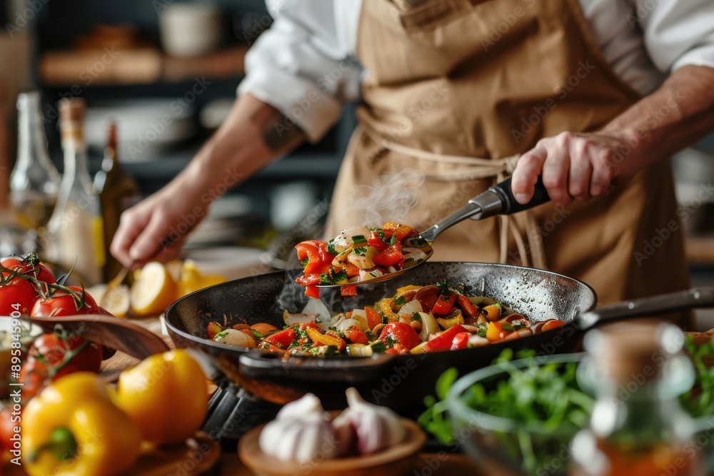 A chef in an apron skillfully prepares a mouth-watering vegetable stir-fry in a pan, using fresh ingredients, showcasing culinary artistry and expertise.
