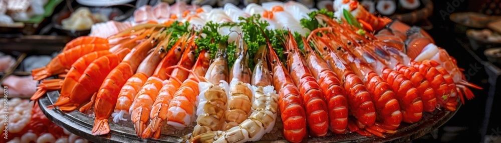 A vibrant display of assorted fresh seafood including shrimp, prawns, and lobster tails garnished with parsley at a market or restaurant. A vibrant display of assorted fresh seafood including shrimp, prawns, and lobster tails garnished with parsley at a market or restaurant.