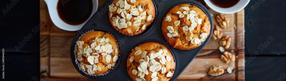 Freshly baked almond muffins with a side of coffee on a wooden board, perfect for breakfast or a cozy afternoon snack. Freshly baked almond muffins with a side of coffee on a wooden board, perfect for breakfast or a cozy afternoon snack.