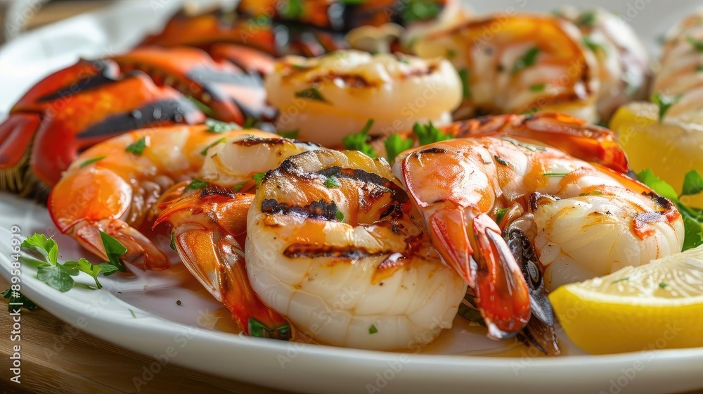 Close-up shot of delicious grilled shrimp and lobster served on a white plate with fresh parsley and lemon slices, perfect for seafood lovers. Close-up shot of delicious grilled shrimp and lobster served on a white plate with fresh parsley and lemon slices, perfect for seafood lovers.