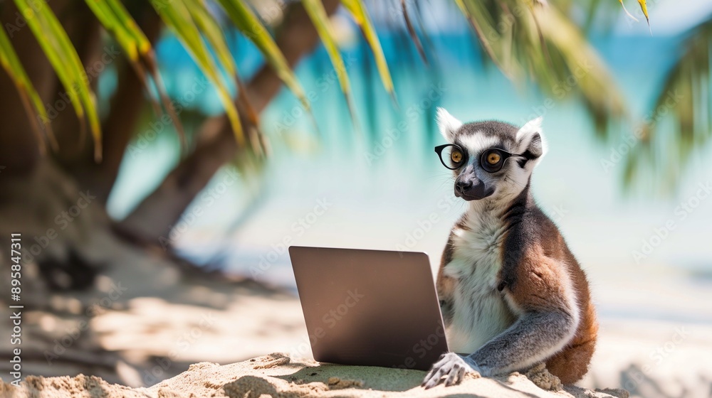 Fototapeta premium Lemur Working on Laptop at Beach.