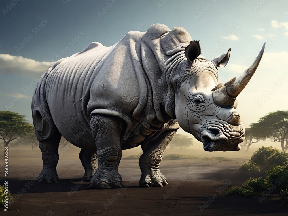 Fototapeta premium A large African rhinoceros in the African savannah at sunset