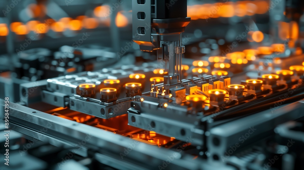 Industrial Automation: Close-Up View of a Robotic Arm Assembling Components on a Conveyor Belt