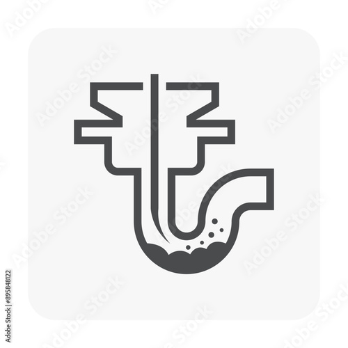 Clogged problem in trap pipe and cleaning out vector icon. Include drain snake tool to clear, repair, service or maintenance for sewage drainage in kitchen, bathroom, toilet and shower room.