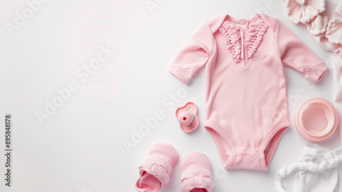 Pink baby grow, shorts, dummy, and pink booties arranged with copy space on a white background. Baby clothing, fabric, texture, and materials concept.