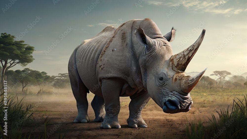 Obraz premium A large African rhino in the African savannah, grace and power