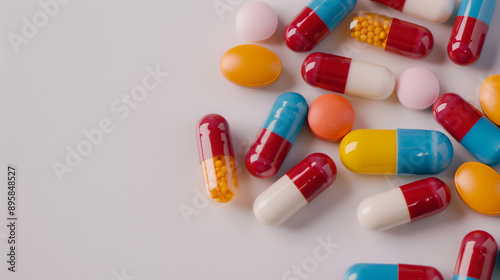 close up shot of colorful pills  on white table with copy space for text photo