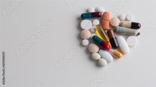  various colored pills arranged in the shape of a heart on a white background copy space for text photo